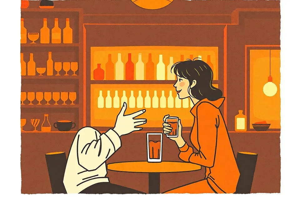 Two stylized figures in a cozy bar setting, one animatedly talking, the other listening, with blurred bottles in the background, conveying a warm, intimate atmosphere.