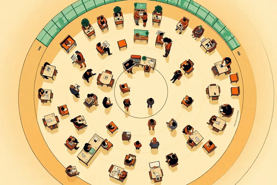 An overhead illustration of a community event at True Digital Park, showing a geometric arrangement of tables and chairs with stylized figures interacting, set within the park's circular atrium.
