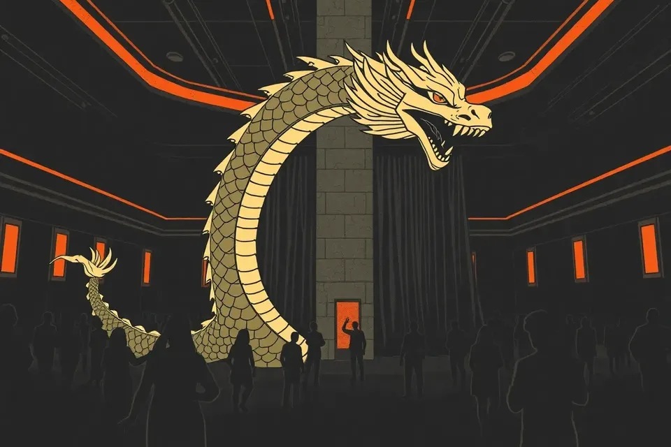 A dark, atmospheric nightclub interior with a large dragon sculpture wrapped around a pillar, surrounded by small dancing figures and a mysterious black-curtained doorway.