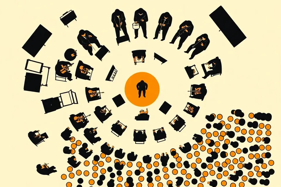 Overhead view of a live orchestra arranged in a circle around a central performer, with audience as dark dots below.