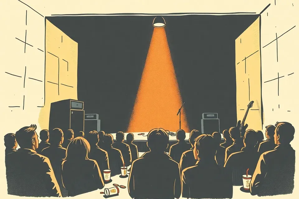 A dimly lit live music venue with a small stage, a spotlight, and a few anonymous figures standing in the dark, the atmosphere heavy and quiet.
