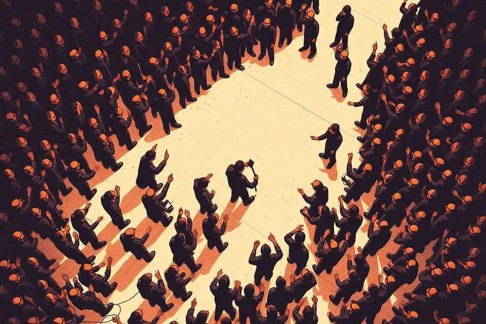An overhead view of a dense crowd at a techno event, with raised fists and heads creating a jagged pattern on a concrete floor, lit by a single spotlight.