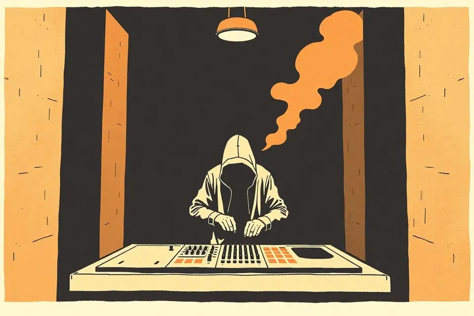 A hooded DJ in a dark, industrial cafe, lit by a single overhead light, with smoke in the air.