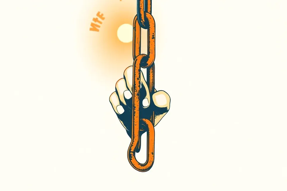 A close-up of a heavy metal chain hanging from a rusted hook, with a blurred hand gripping it, set against a dark, industrial background with subtle light effects.