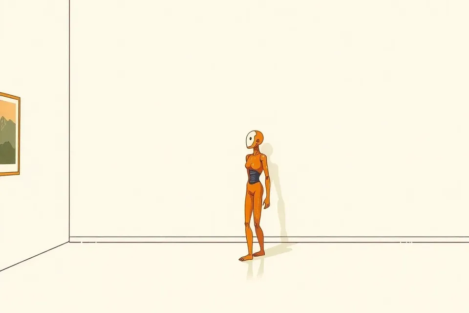 A stylized humanoid figure with fragmented, shifting contours stands in a gallery, one hand raised, against a bare white wall.