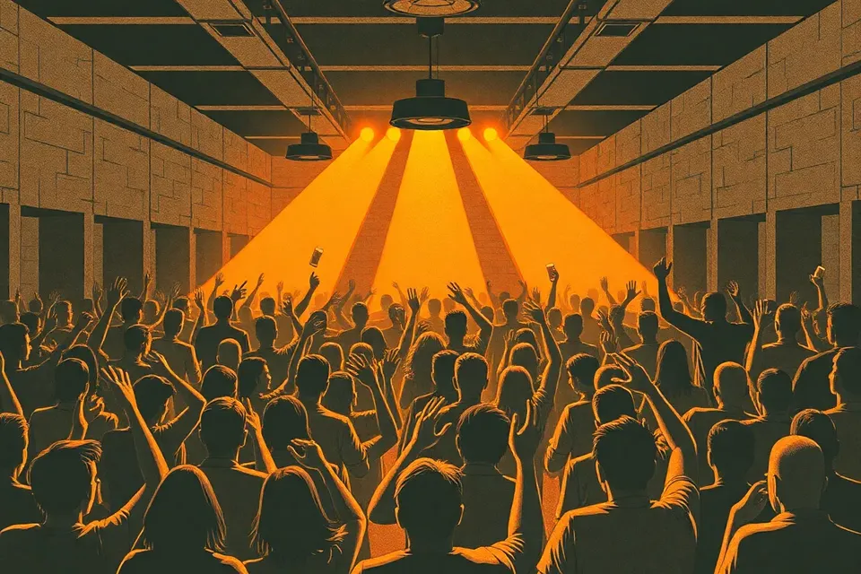 A dark, crowded techno club with a haze-filled room, strobing lights, and silhouetted figures dancing with raised arms, surrounded by concrete walls and a low ceiling.