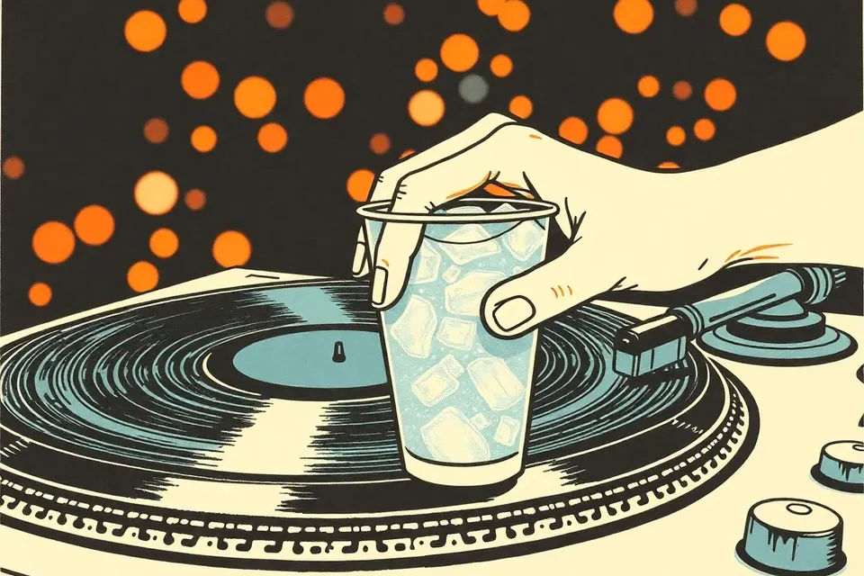 Close-up of a turntable needle on a vinyl record, with a hand holding a sweaty cup of iced drink in the foreground, set against a dark, blurred background with abstract lights.