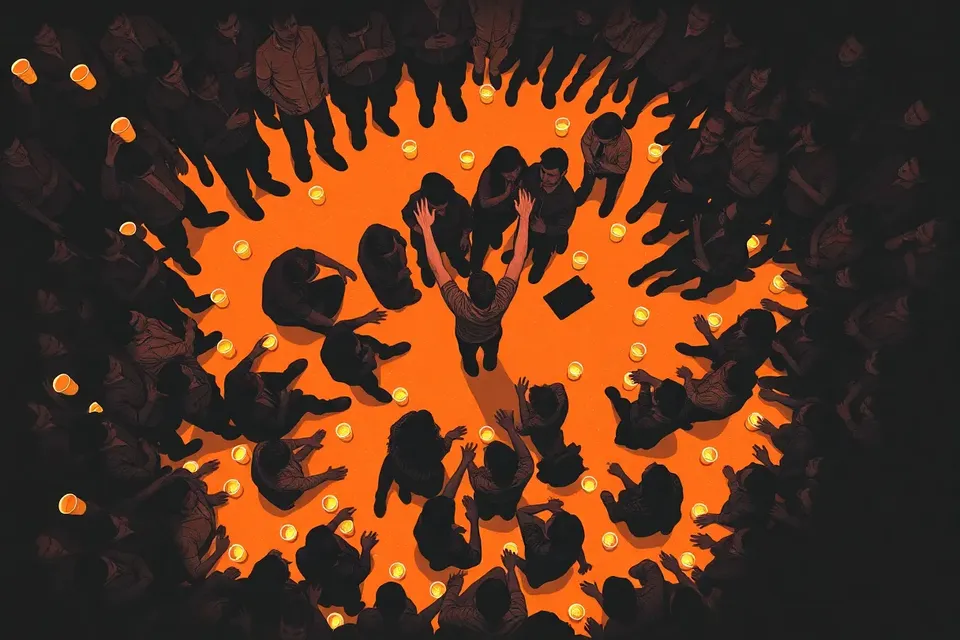 An overhead view of a crowded dance floor at a techno rave, with a central figure raising arms and empty cups scattered around, creating a dynamic, pulsing pattern.