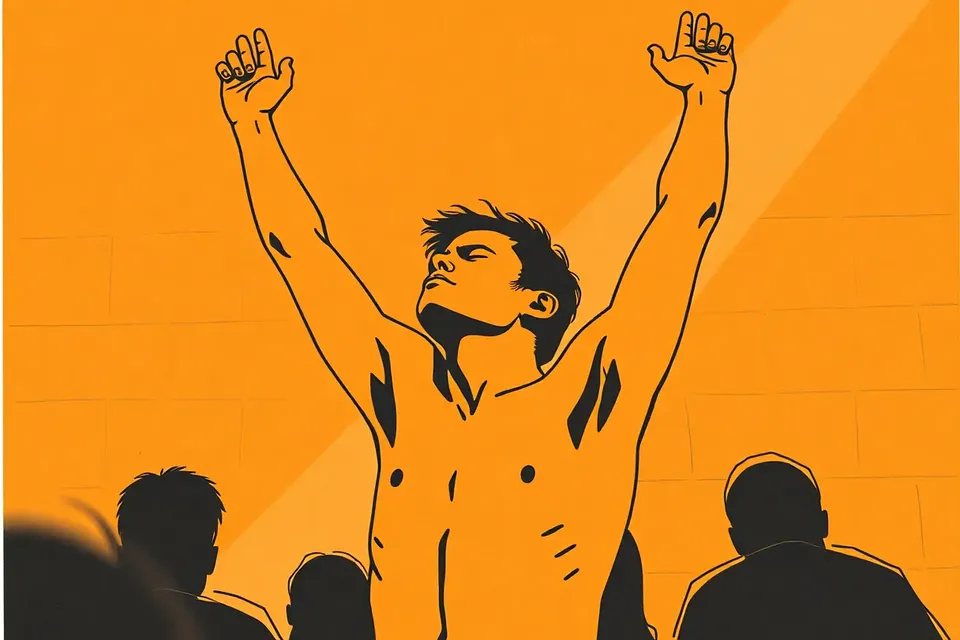 A stylized illustration of a person dancing in a dark, industrial space, with a single beam of light highlighting their silhouette against a concrete wall.