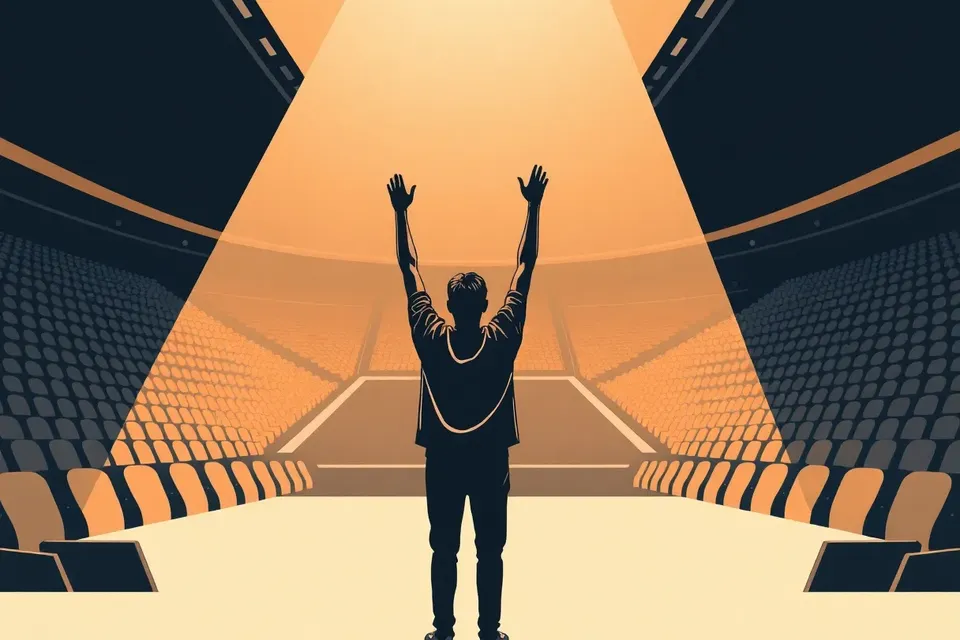 A stylized figure with raised arms stands alone in a dark stadium, facing a distant stage glow, with empty seats curving away.