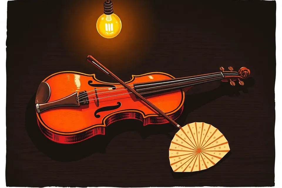 A violin bow and guitar strap on a wooden surface under a single stage light, with a folded paper fan nearby.