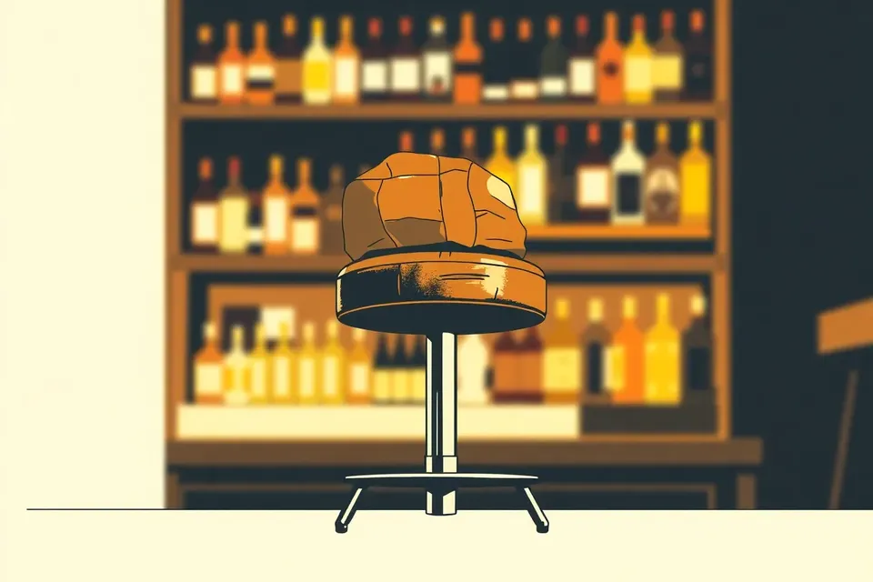A close-up of a worn leather bar stool in a dimly lit bar, with blurred bottles and warm lights in the background, evoking a quiet, expectant atmosphere.
