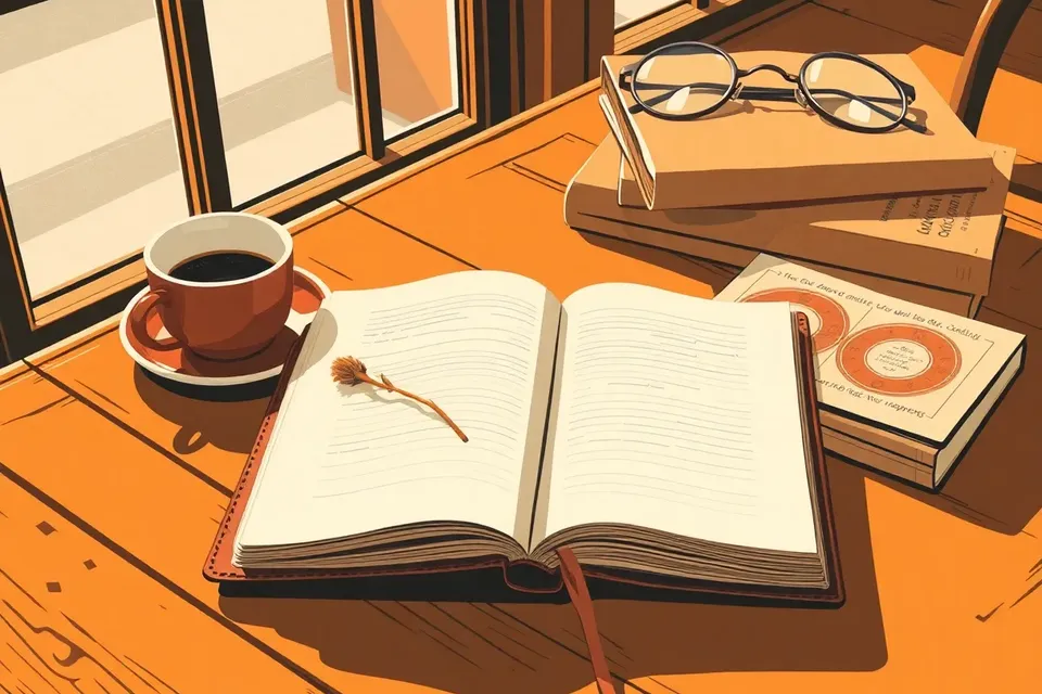 An open notebook with handwritten notes and a dried flower, a coffee cup, and vintage glasses on a wooden table in a cozy cafe.