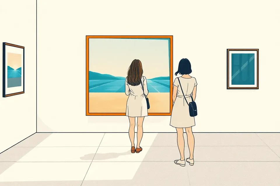 A woman in a summer dress stands in a gallery, looking at a painting of a swimming pool. Sunlight streams through a window, illuminating the scene.