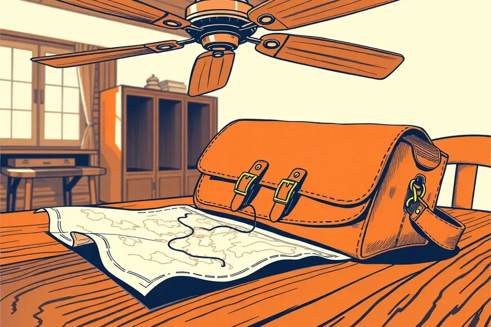 A close-up of a leather satchel and a map with a red thread on a wooden table, under a ceiling fan's shadow.