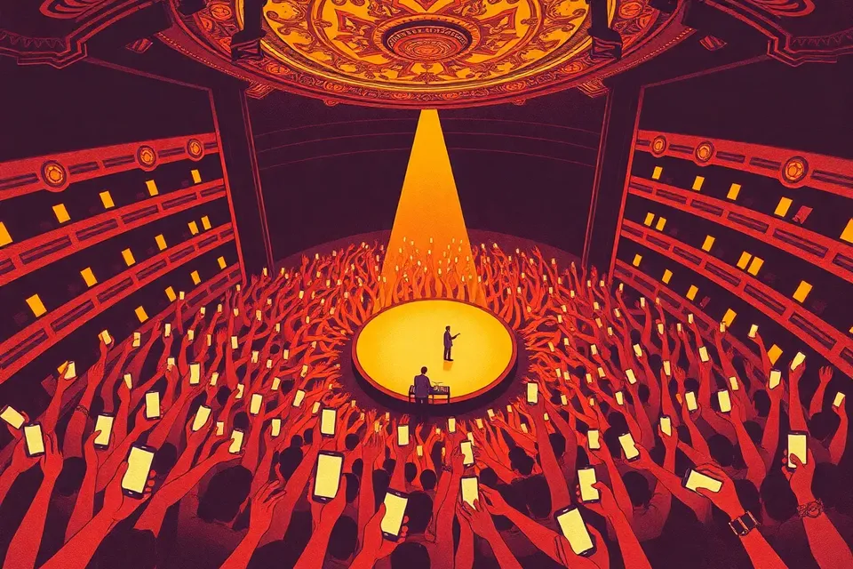 Overhead view of a concert at a grand theatre, with a circular stage surrounded by audience members holding up glowing phones, creating a pattern of lights. The ornate ceiling and a spotlight add to the atmosphere.