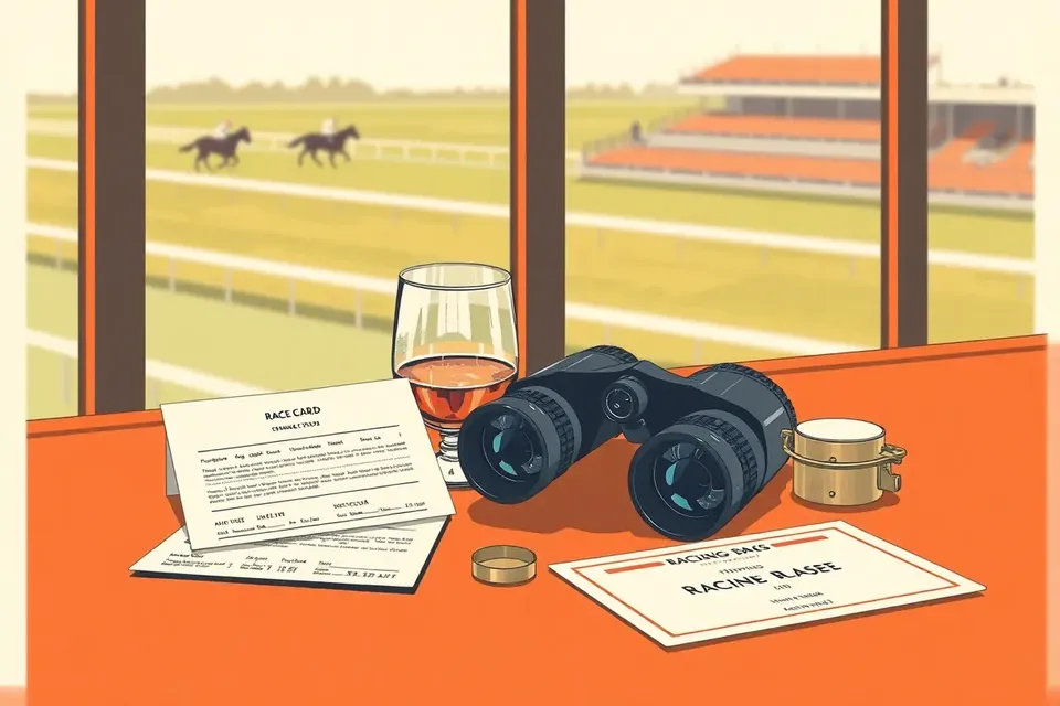 A still life on a dark wooden bar: binoculars, a whiskey glass, an open race card, and a brass betting slip holder. Through the window, a blurred view of a racetrack and winning post.