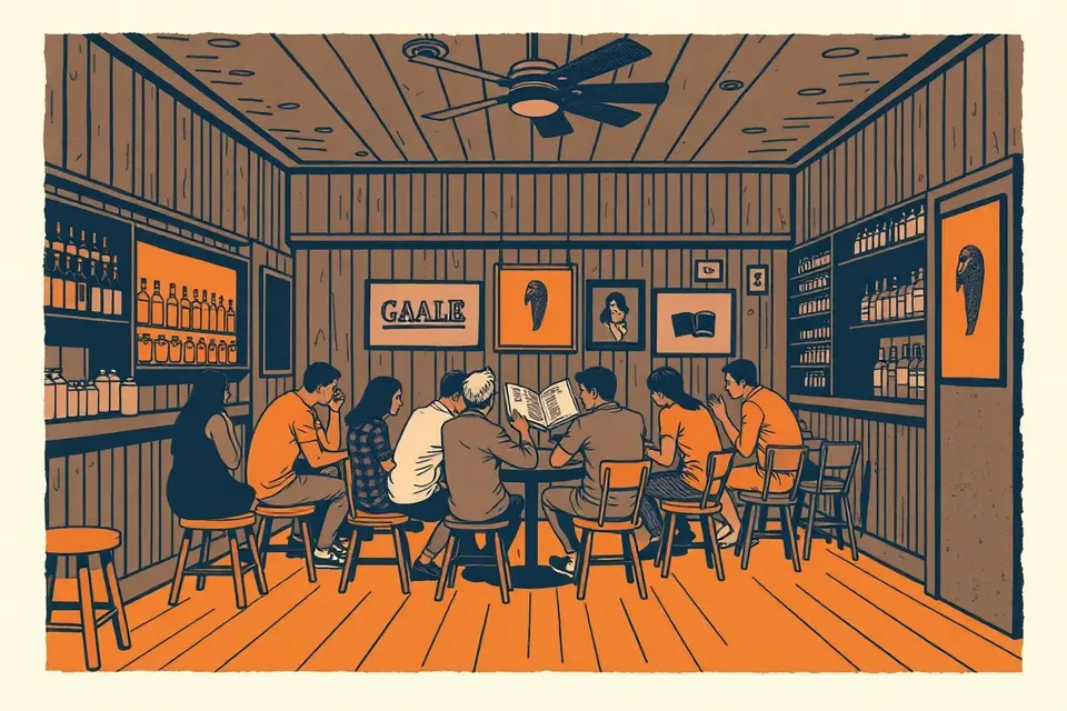 A dimly lit bar with a small group of people gathered around a table, one person holding a book, with shelves of bottles and a ceiling fan overhead.