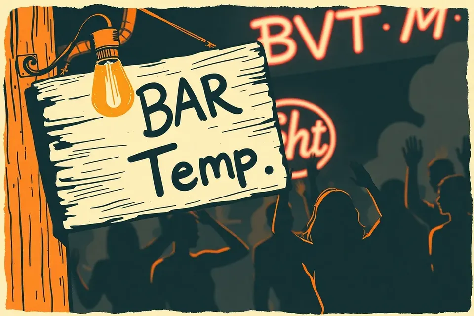 A close-up of a weathered wooden sign with a flickering bulb, blurred silhouettes of dancers in a smoky, neon-lit bar.