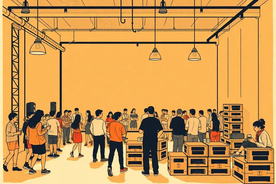 A wide view of a dim industrial venue with concrete walls and pipes, small groups of people mingling and dancing, lit by hanging lamps, creating a cozy party atmosphere.