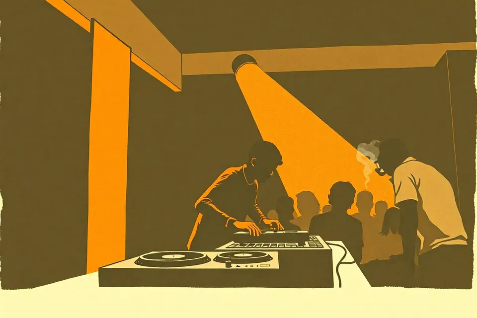 A stylized illustration of a DJ at a turntable in a dark, industrial venue, with a second figure dancing in the background, lit by moody, colored lights and haze.