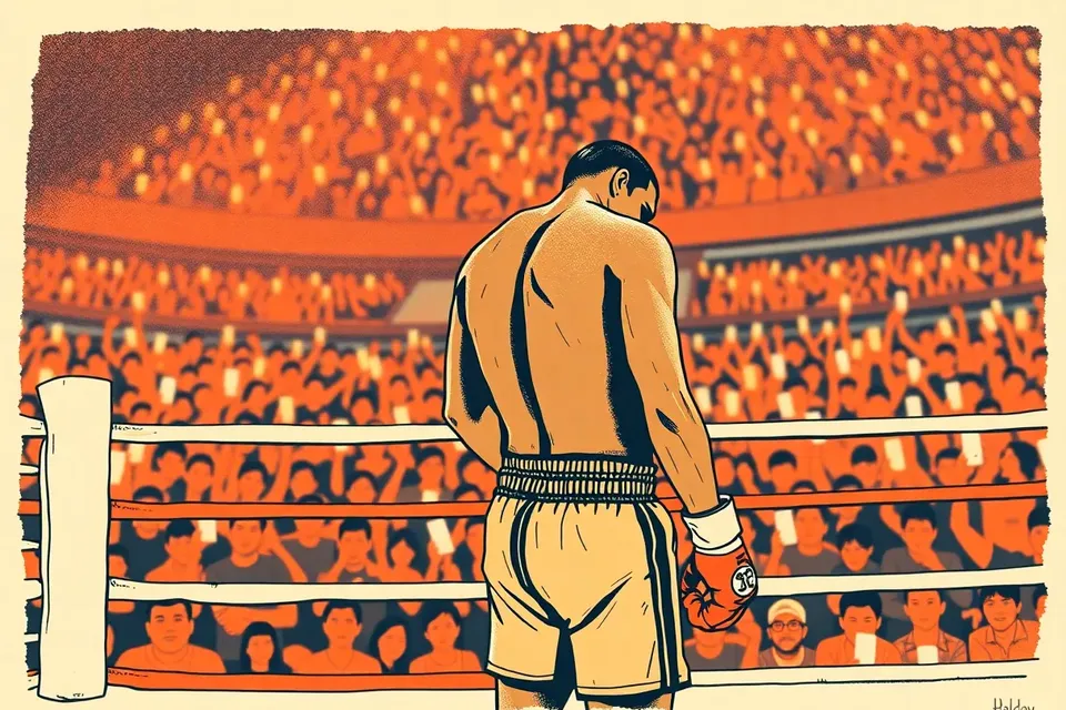 A boxer in red shorts stands alone in a ring corner, head bowed, with a blurred crowd holding up glowing phones in the background.