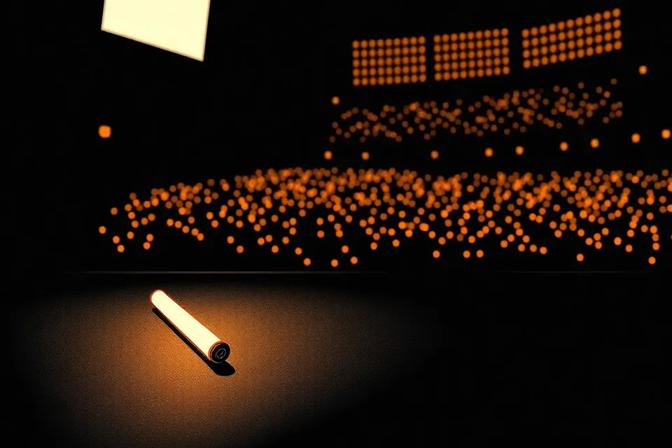 Close-up of a glowing blue light stick on a dark stage floor, surrounded by blurred similar lights in the distance, with large speakers in the background.