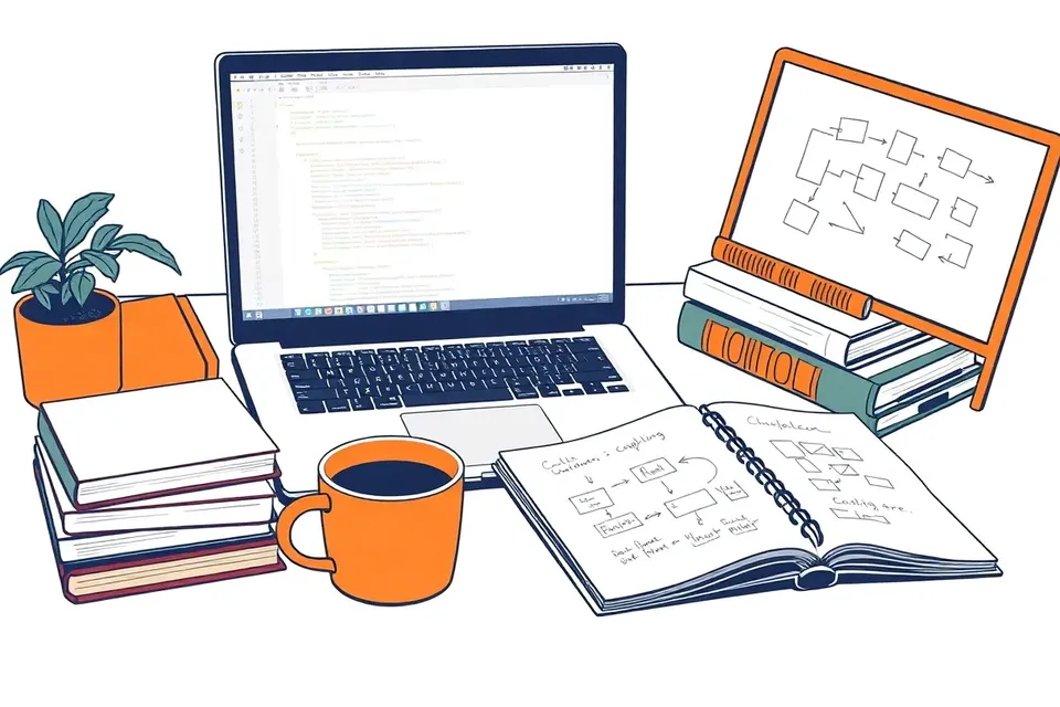 A laptop displaying code, surrounded by developer books, a whiteboard with flowcharts, a coffee cup, and a notebook with notes, all under a cool screen glow.