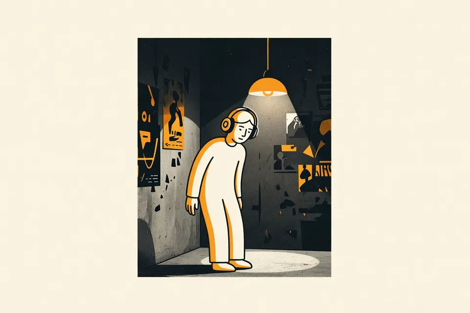 A person with headphones stands in a dim concrete room, eyes closed, swaying to music, with a warm lamp illuminating their face and faint poster remnants on the wall.