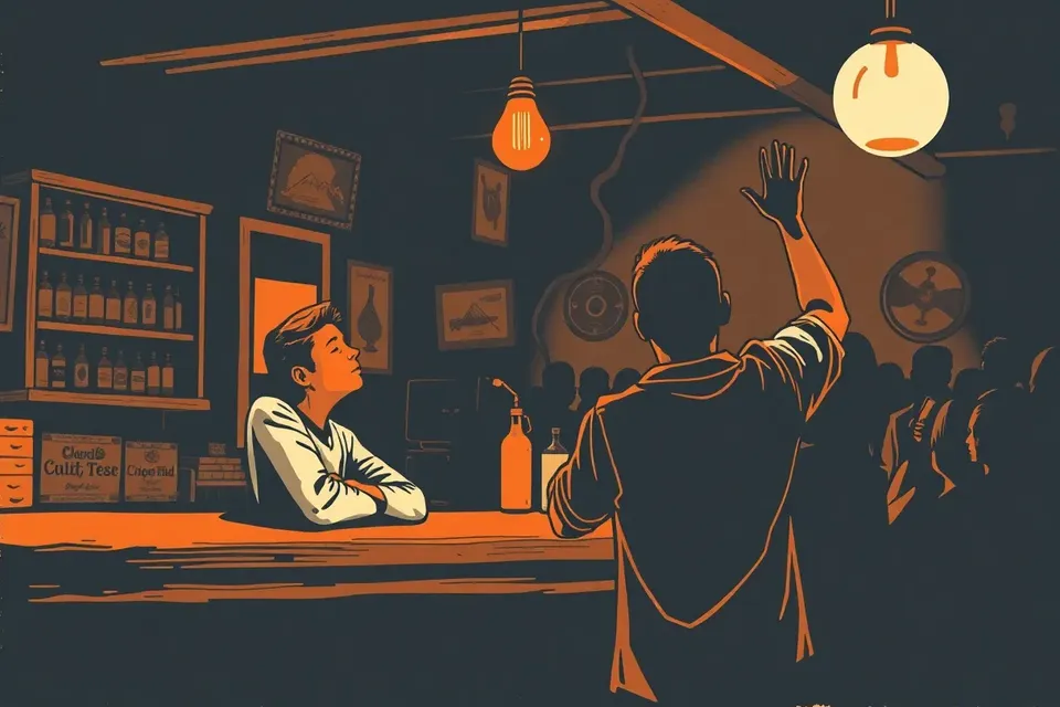 A moody illustration of two anonymous figures in a dark, intimate bar, one leaning on a counter, the other gesturing, with a single warm light overhead.