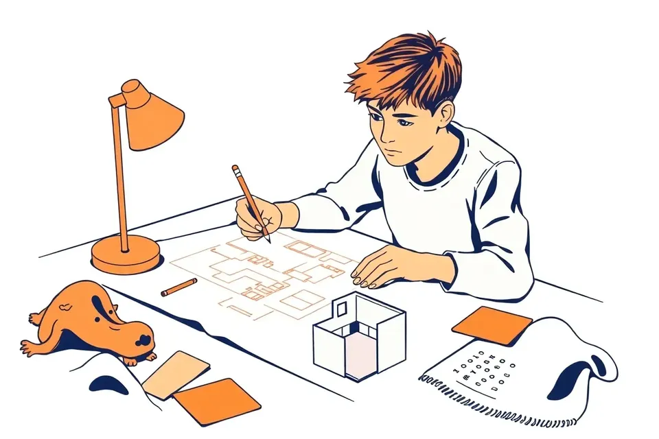 An illustration of a young designer's hands sketching a floor plan on a drafting table, with a scale model and fabric swatches nearby, under a warm desk lamp.