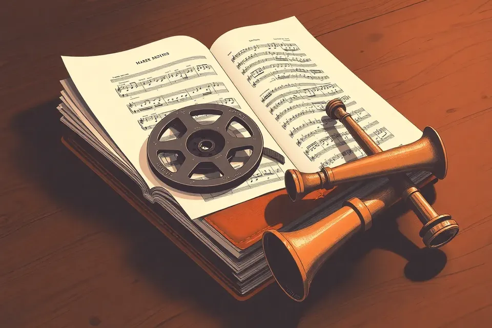 A still life arrangement with a film reel, an open score book, a trumpet mouthpiece, and a small telescope on a dark wooden table, lit by a single spotlight.