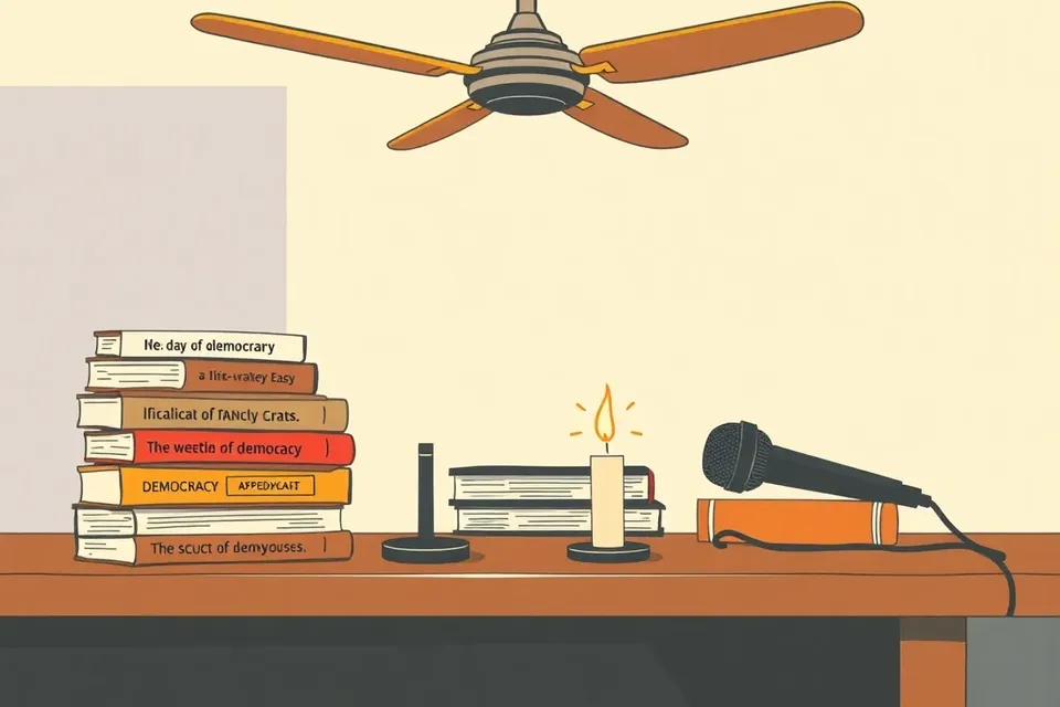 A still life arrangement of books, a microphone, and an unlit candle on a wooden table, with a ceiling fan shadow overhead.