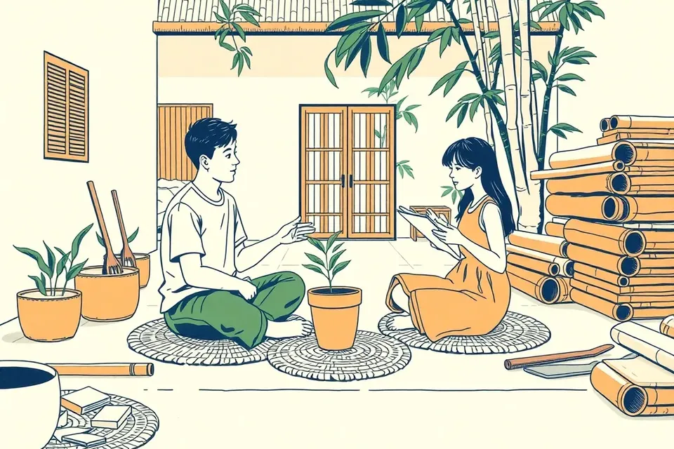Two people sit on woven mats in a bamboo courtyard, one pointing at a seedling in a pot, the other taking notes, with tools and bamboo poles nearby.