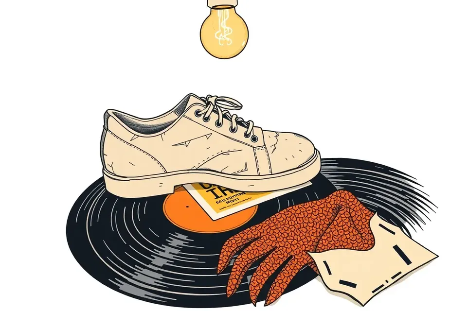 A still life of a scuffed dance shoe on a cracked vinyl record, a crumpled flyer, and a frayed sequin glove, lit by a single bulb, evoking the aftermath of a dance event.