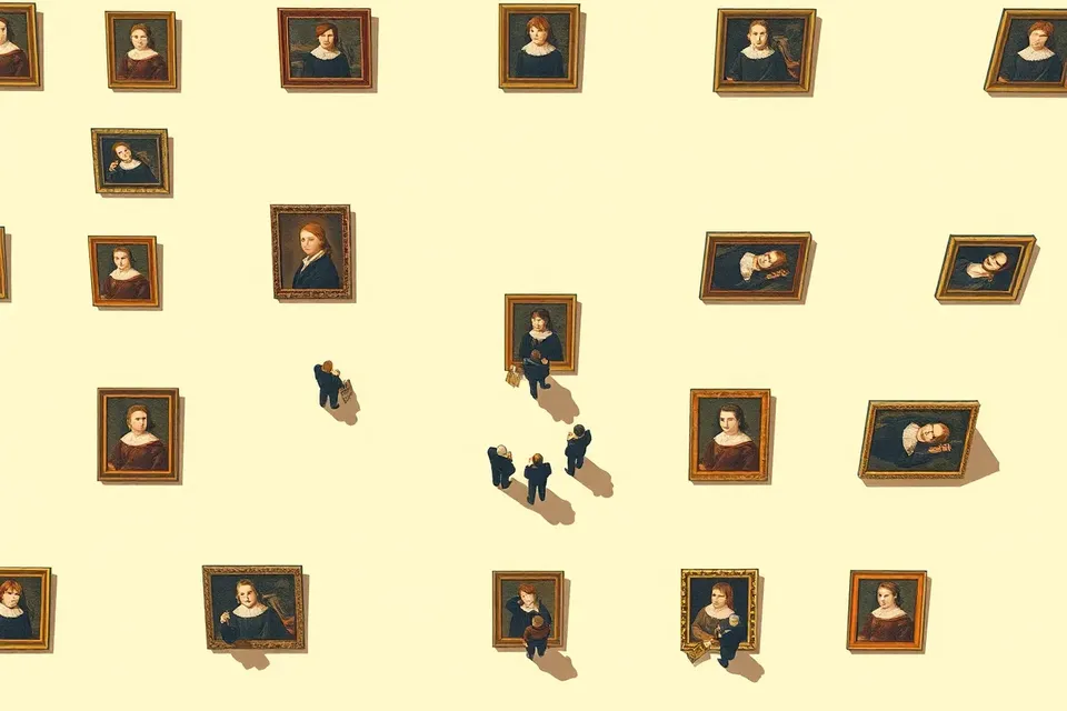 An overhead view of an art gallery exhibition with framed portraits on the floor, surrounded by abstract silhouettes of visitors.