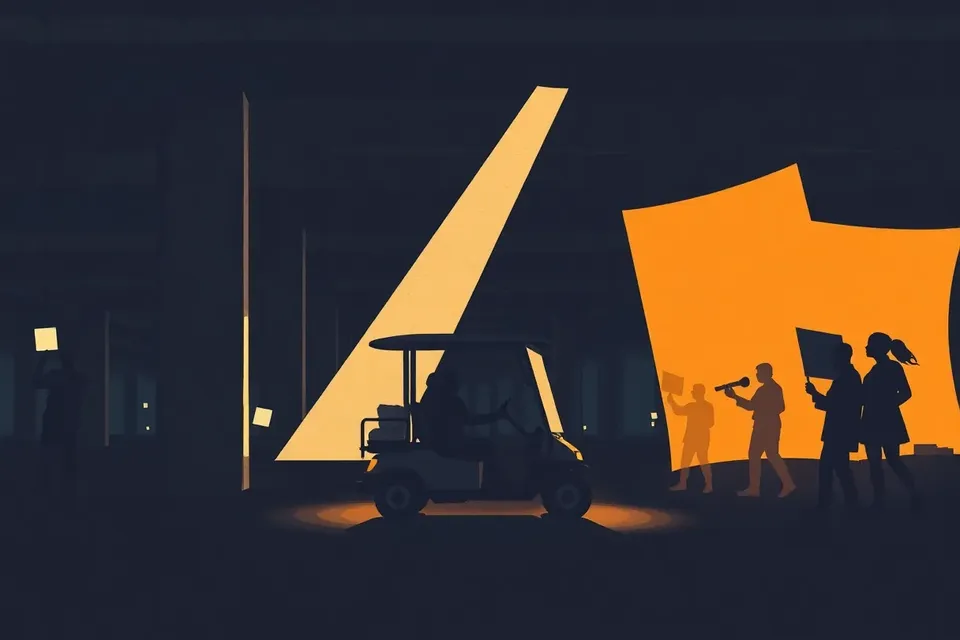 A wide view of a dark parking garage with concrete pillars, a golf cart carrying small passengers, and performers creating light and shadow shapes on the walls.