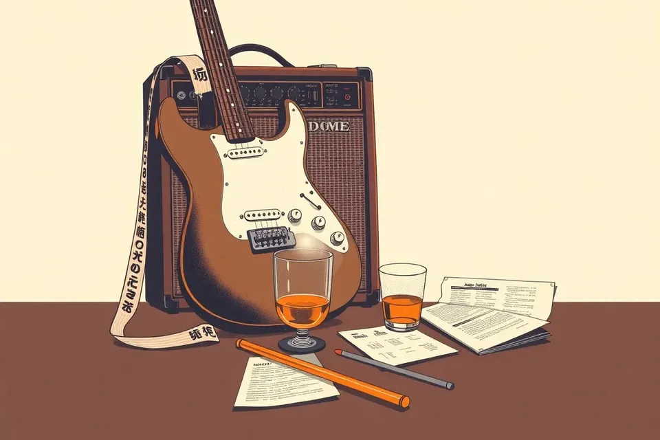 A still life of music-related objects: an electric guitar with a Japanese-character strap, a vintage amplifier, a glass of amber liquid, drumsticks, and a crumpled setlist on a table, all lit by warm stage lights.