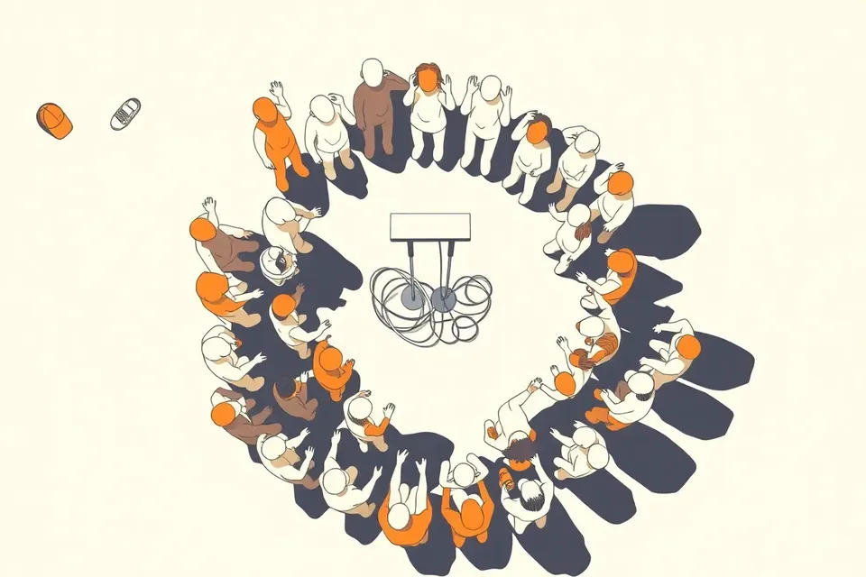 An overhead view of a hip-hop event at a live music venue, with a crowd of anonymous figures in a circle, empty microphone stands at the center, and scattered caps and sneakers on the floor.