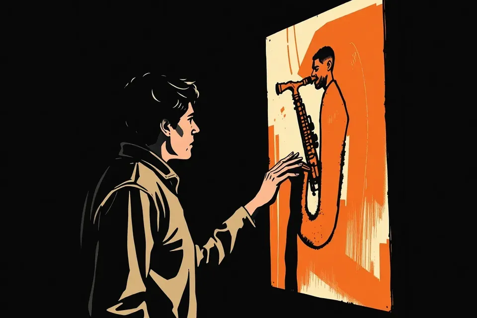 A person in a dim gallery leans toward a painting of a distorted saxophonist with thick brushstrokes, their hand reaching out.