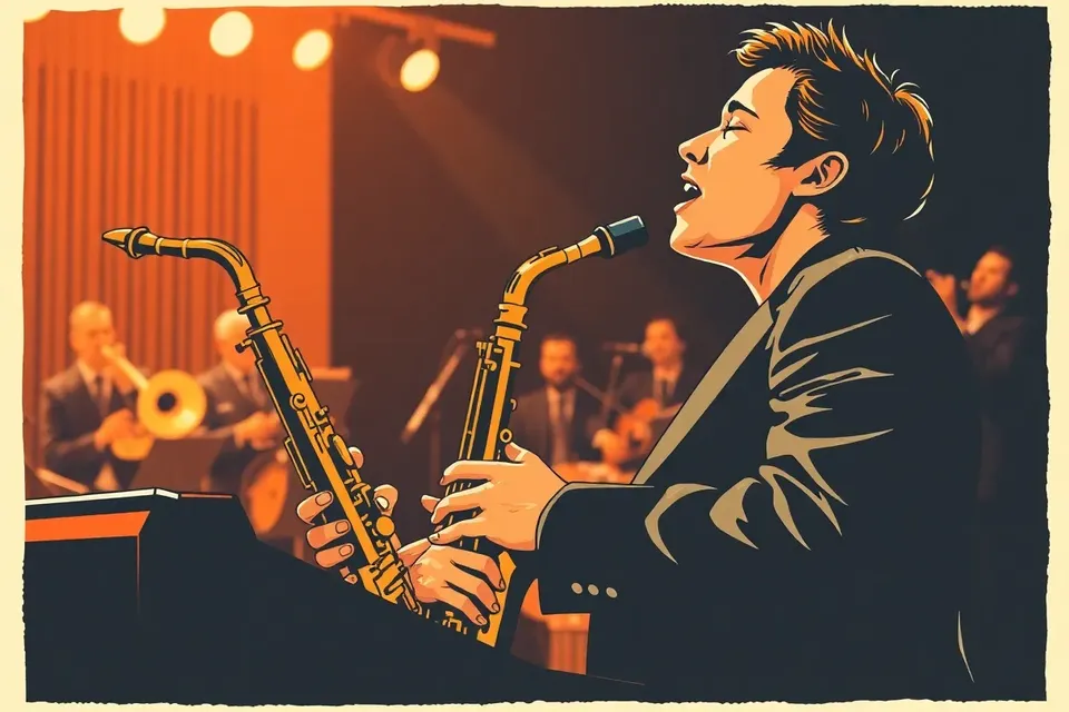 A close-up of a saxophonist and a female vocalist performing on stage, with the big band softly blurred in the background, under warm stage lighting.