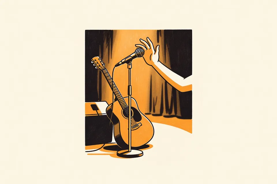 A close-up of a microphone stand and guitar on a dimly lit stage, with a hand adjusting the microphone, set against a dark velvet curtain.