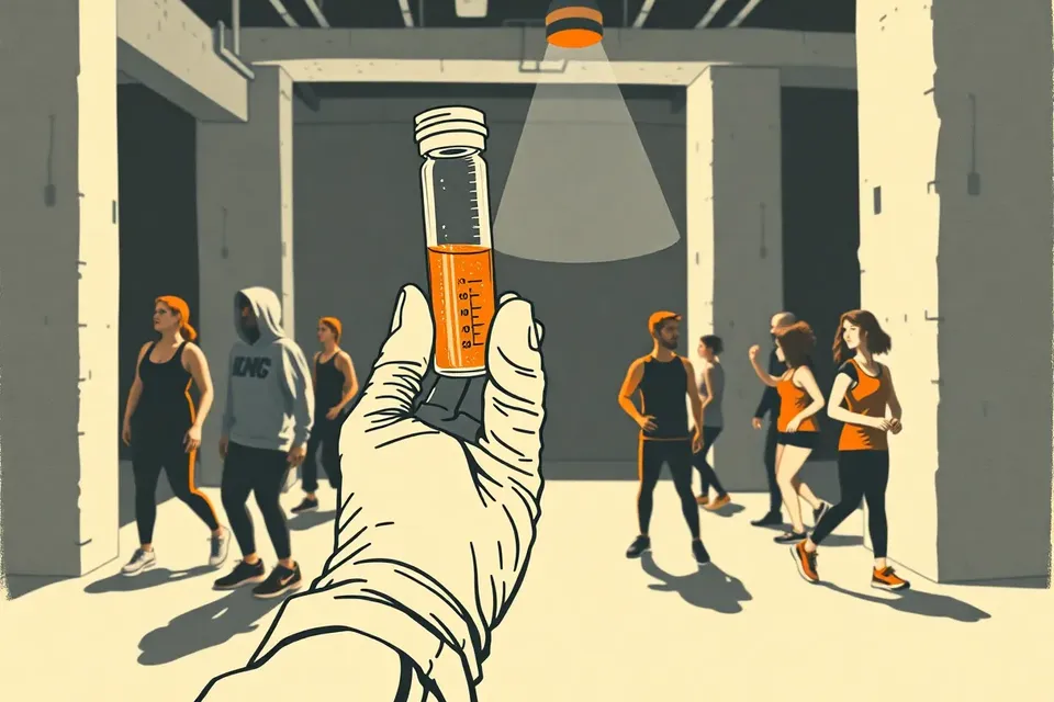 A gloved hand holds a glowing vial in a dark industrial space, with silhouetted figures dancing in the background.