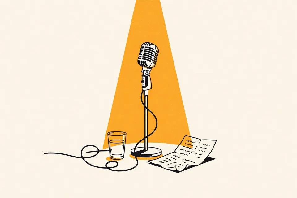 A spotlight shines on a vintage microphone on a stand, with a cord curling like a vine. A half-empty glass of water glows blue beside it, and a crumpled setlist lies nearby.