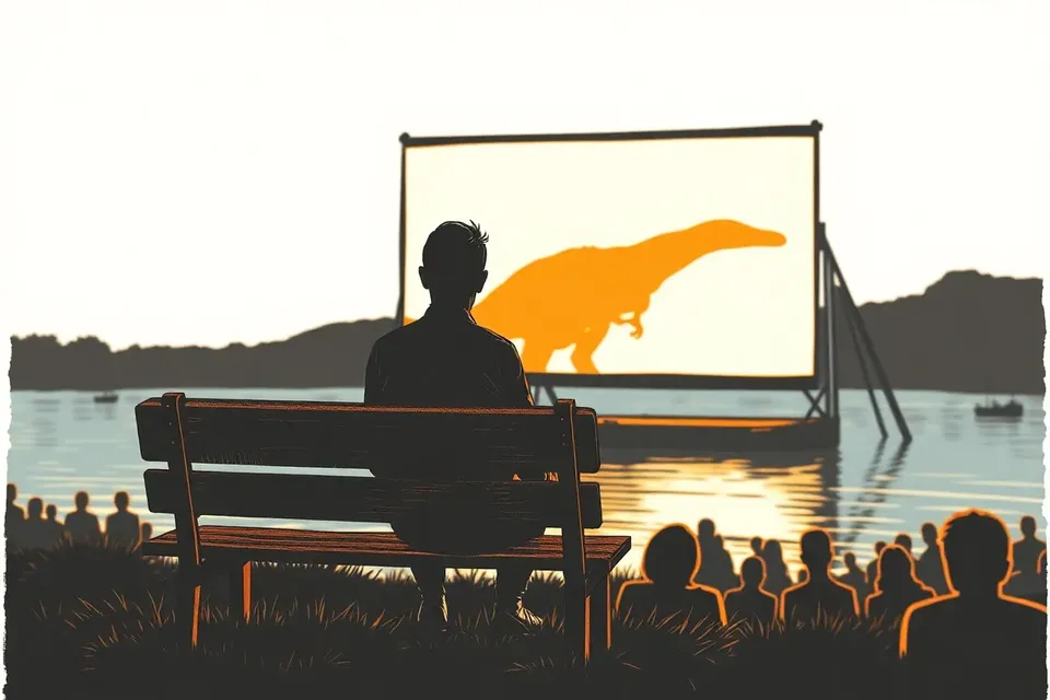 A person sitting on a bench watching a large outdoor screen showing a dinosaur silhouette, with the river reflecting the screen's glow and a few other viewers in the foreground.