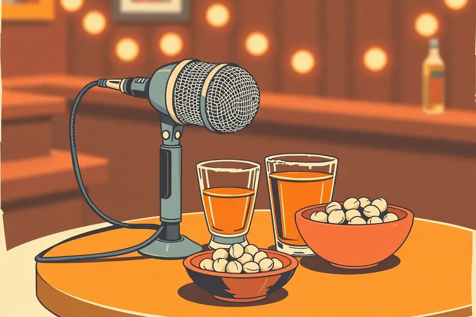 A close-up of a vintage microphone on a table with a drink and peanuts, fairy lights glowing softly in the background, evoking a cozy karaoke night.