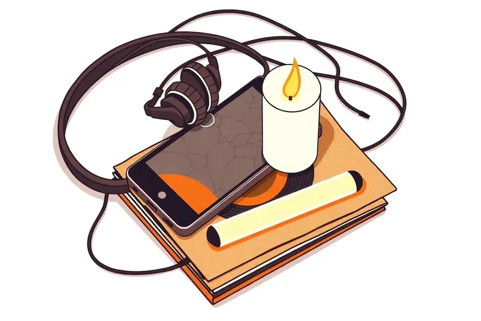 A still life of tangled headphone cables, a cracked smartphone, a melted candle on vinyl records, and a faintly glowing glow stick.
