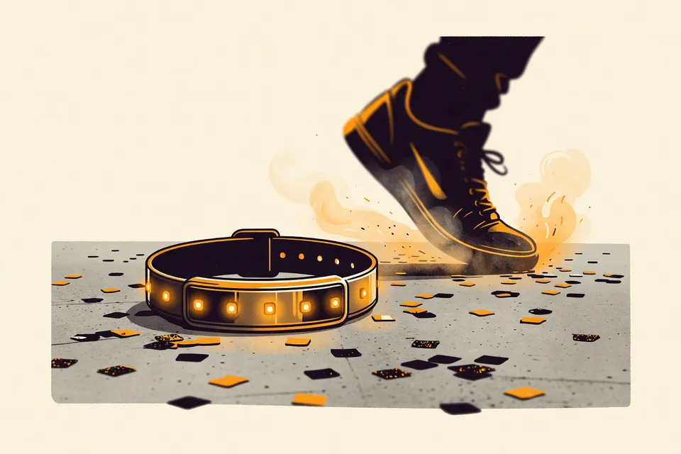 Close-up of a glowing LED wristband on a concrete floor with confetti, reflecting neon lights, with a blurred dancer's sneaker and haze in the background.