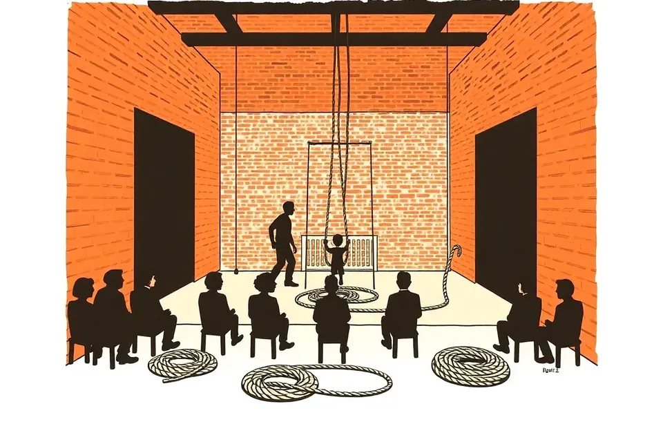 A dim gallery space with brick walls, a stage with coiled ropes, and a small audience seated on stools watching three figures begin a rope performance.