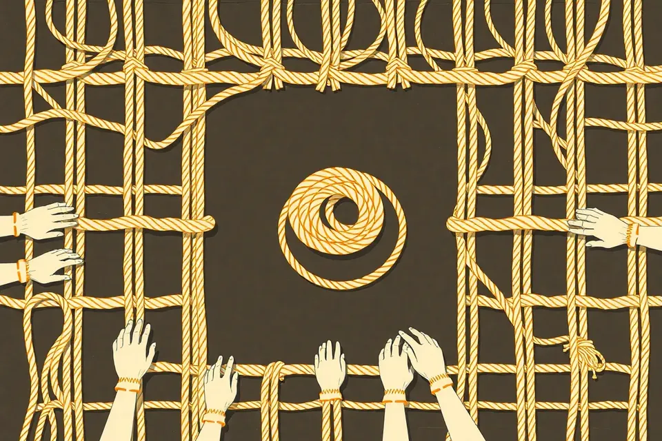 An overhead view of a shibari workshop, showing ropes laid out in a grid on a dark floor, with a central coil and hands practicing knots.